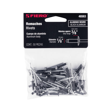 Bolsa c/50 remaches 1/8'x3/8' negros de aluminio, ala 1/4' | R-46BN | 46563