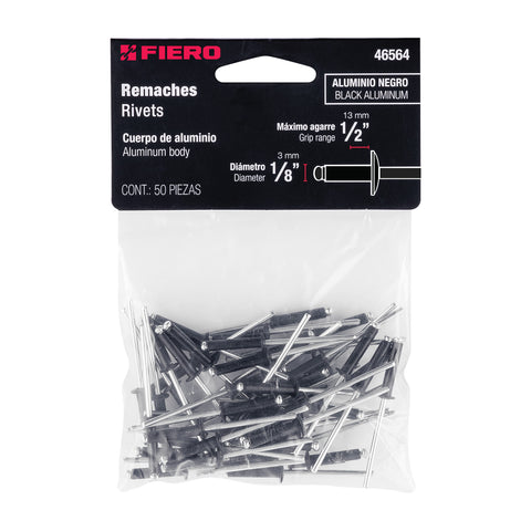 Bolsa c/50 remaches 1/8'x1/2' negros de aluminio, ala 1/4' | R-48BN | 46564