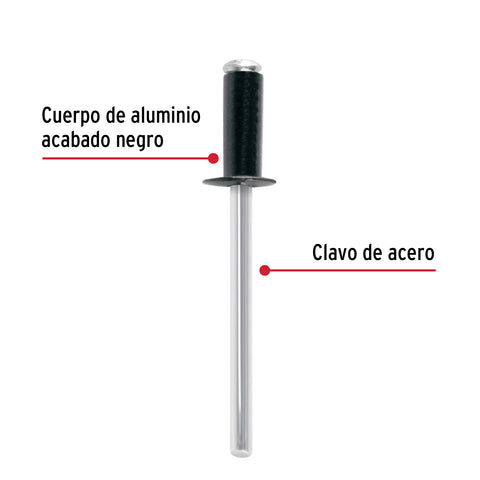 Bolsa c/50 remaches 5/32'x3/8' negros de aluminio, ala 5/16' | R-56BN | 46566