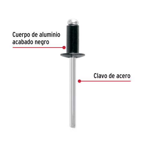 Bolsa c/50 remaches 3/16'x1/4' negros de aluminio, ala 3/8' | R-64BN | 46568