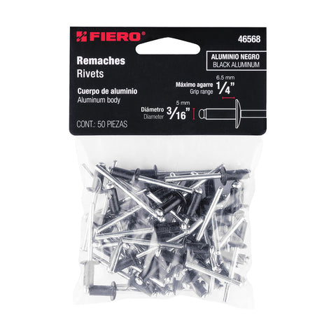 Bolsa c/50 remaches 3/16'x1/4' negros de aluminio, ala 3/8' | R-64BN | 46568