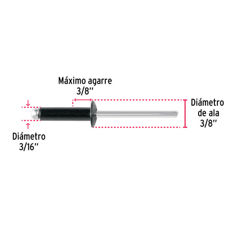 Bolsa c/50 remaches 3/16'x3/8' negros de aluminio, ala 3/8' | R-66BN | 46569