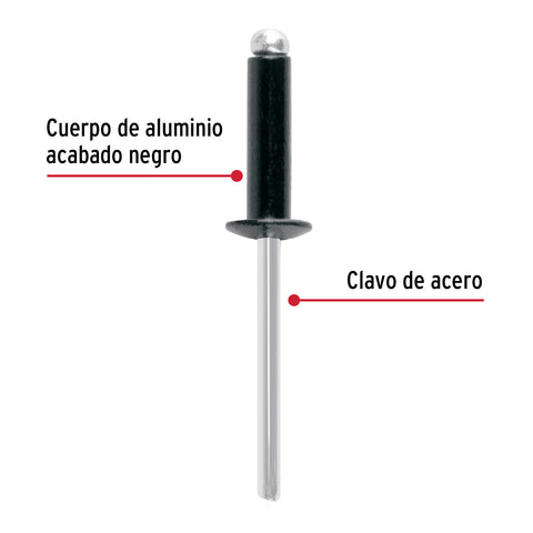 Bolsa c/50 remaches 3/16'x3/8' negros de aluminio, ala 3/8' | R-66BN | 46569