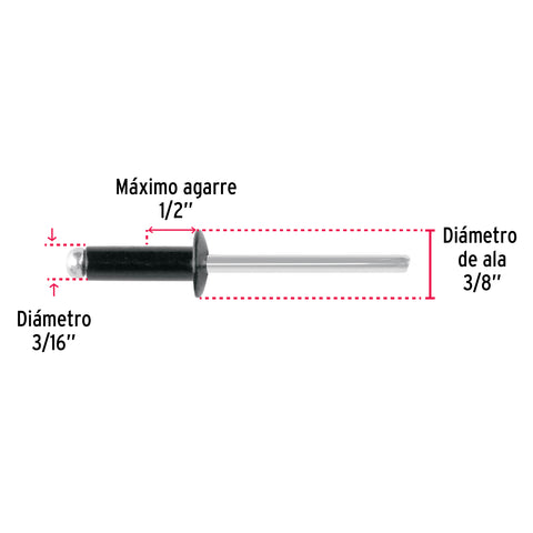 Bolsa c/50 remaches 3/16'x1/2' negros de aluminio, ala 3/8' | R-68BN | 46570