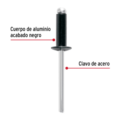 Bolsa c/50 remaches 3/16'x1/2' negros de aluminio, ala 3/8' | R-68BN | 46570