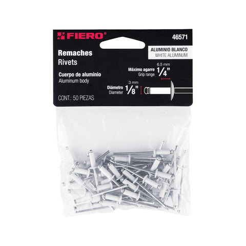 Bolsa c/50 remaches 1/8'x1/4' blancos de aluminio, ala 1/4' | R-44BB | 46571