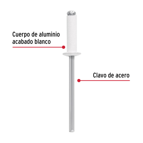 Bolsa c/50 remaches 1/8'x3/8' blancos de aluminio, ala 1/4' | R-46BB | 46573