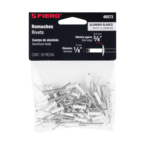Bolsa c/50 remaches 1/8'x3/8' blancos de aluminio, ala 1/4' | R-46BB | 46573