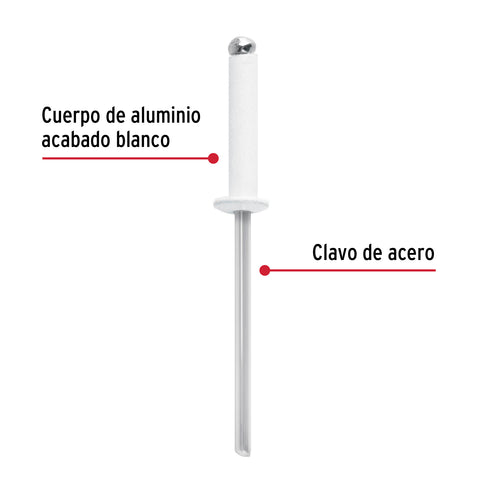 Bolsa c/50 remaches 1/8'x1/2' blancos de aluminio, ala 1/4' | R-48BB | 46574