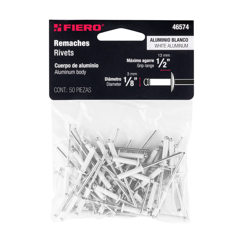 Bolsa c/50 remaches 1/8'x1/2' blancos de aluminio, ala 1/4' | R-48BB | 46574
