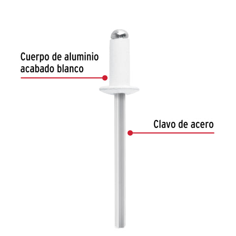 Bolsa c/50 remaches 5/32'x1/4' blancos aluminio, ala 5/16' | R-54BB | 46575