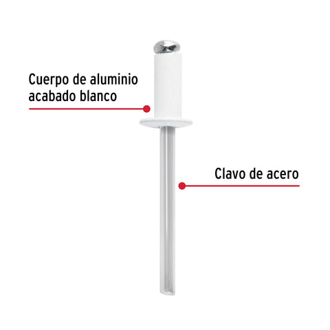 Bolsa c/50 remaches 3/16'x1/4' blancos de aluminio, ala 3/8' | R-64BB | 46578