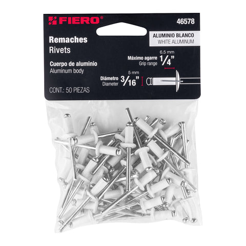Bolsa c/50 remaches 3/16'x1/4' blancos de aluminio, ala 3/8' | R-64BB | 46578