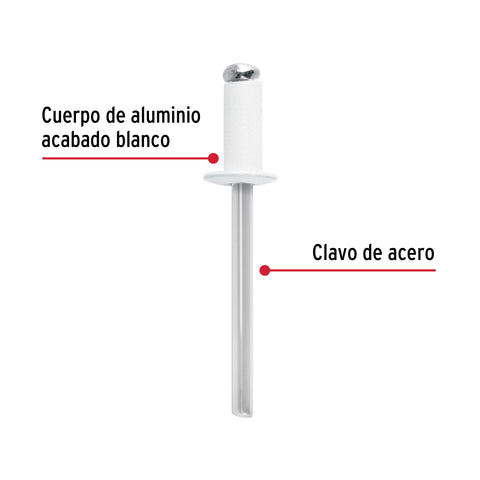 Bolsa c/50 remaches 3/16'x3/8' blancos de aluminio, ala 3/8' | R-66BB | 46579