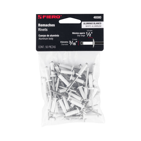 Bolsa c/50 remaches 3/16'x1/2' blancos de aluminio, ala 3/8' | R-68BB | 46580