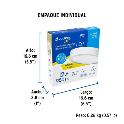 Luminario LED plafón 12W 6500K, redondo, blanco, VOLTECK | PLA-205L | 46713