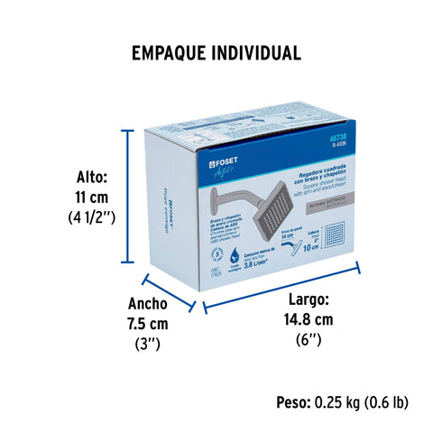 Regadera cuadrada 4', ABS, con brazo y chapetón, satín, AQUA | R-403N | 46738