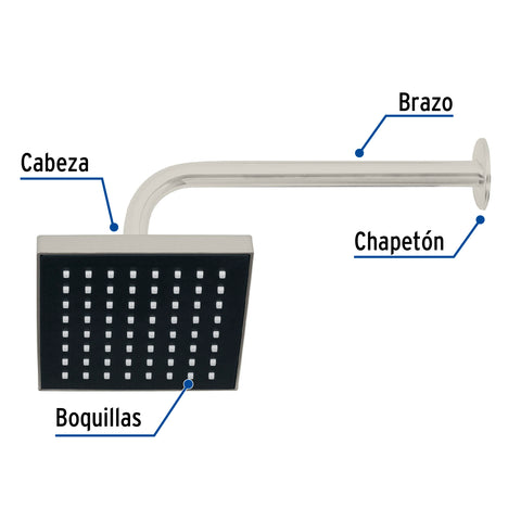 Regadera cuadrada 6', ABS, con brazo y chapetón, satín, AQUA | R-404N | 46740