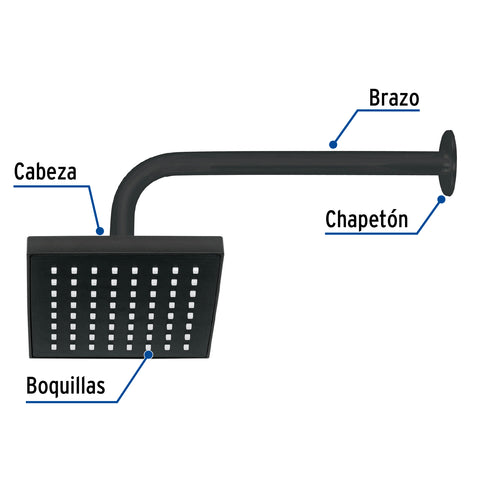 Regadera cuadrada 6', ABS, con brazo y chapetón, negro, AQUA | R-404M | 46746