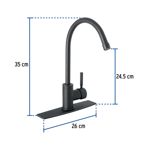 Monomando para fregadero, cuello alto, negro mate, TÚBIG | TBF-83M | 46767
