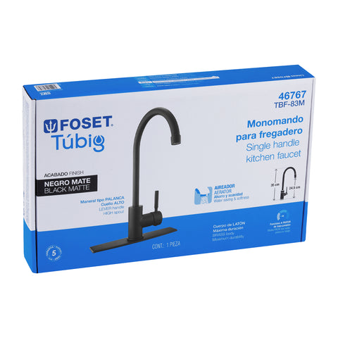 Monomando para fregadero, cuello alto, negro mate, TÚBIG | TBF-83M | 46767