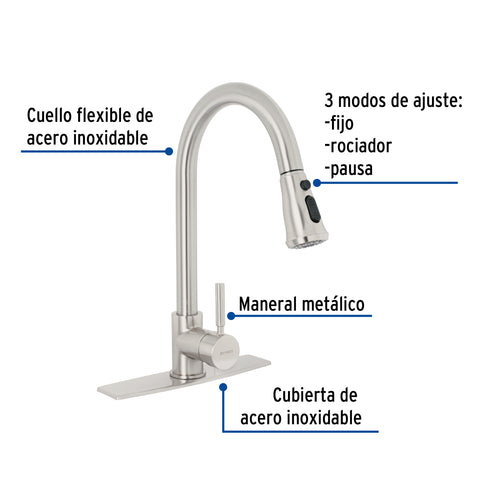 Monomando para fregadero, cuello extraible, satín, TÚBIG | TBF-84N | 46769
