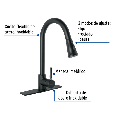 Monomando para fregadero,cuello extraible,negro mate TÚBIG | TBF-84M | 46770