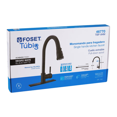 Monomando para fregadero,cuello extraible,negro mate TÚBIG | TBF-84M | 46770