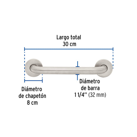 Barra recta de seguridad, acero inox, 1-1/4' x 30cm, FOSET | BARS-30 | 46882