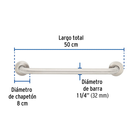 Barra recta de seguridad, acero inox, 1-1/4' x 50cm, FOSET | BARS-50 | 46884
