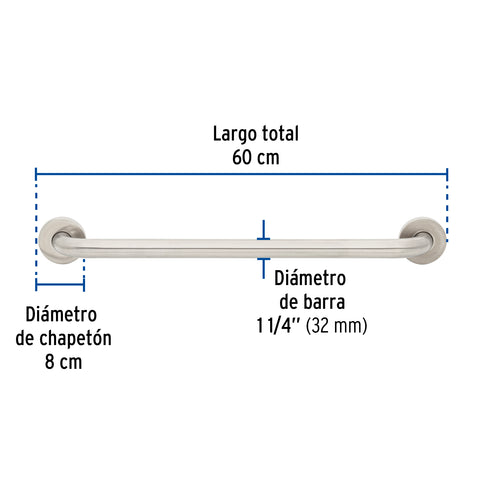 Barra recta de seguridad, acero inox, 1-1/4' x 60cm, FOSET | BARS-60 | 46885