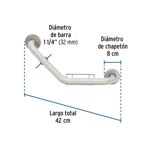 Barra angular con jabonera, acero inox, 1-1/4' x 42cm, FOSET | BARS-40AJ | 46888