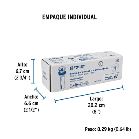 Contra p/lavabo sin rebosadero, sistema push, cromo, 1-1/4' | CE-206S | 47037