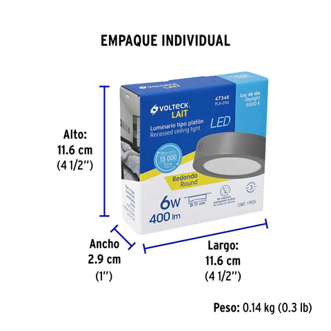 Luminario LED plafón 6W 6500K, redondo, gris, VOLTECK | PLA-214L | 47346