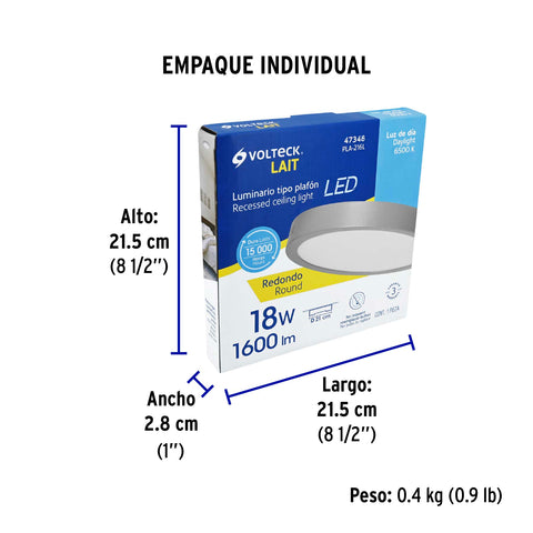 Luminario LED plafón 18W 6500K, redondo, gris, VOLTECK | PLA-216L | 47348