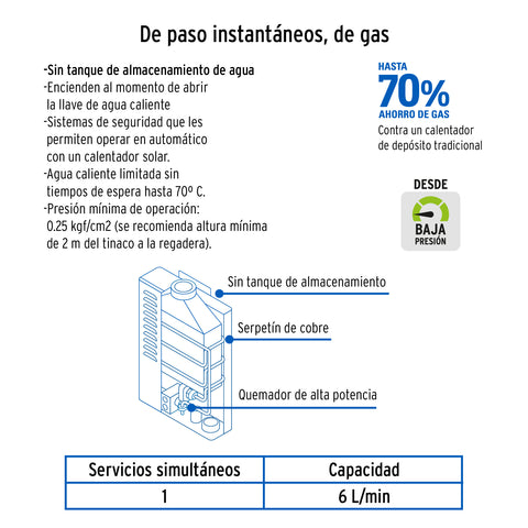 Calentador instantáneo, 6L, 1 servicio, gas natural, FOSET | CALE-6I-N | 47352