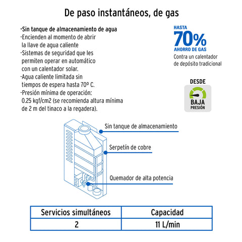 Calentador instantáneo, 11L, 2 servicios, gas natural, FOSET | CALE-11I-N | 47353