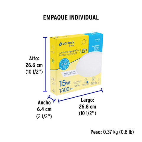 Luminario LED plafón decorativo 15W 6500K, liso, BASIC | PLA-101L | 47375
