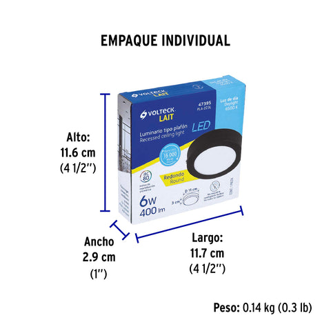 Luminario LED plafón 6W 6500K, redondo, negro, VOLTECK | PLA-223L | 47395
