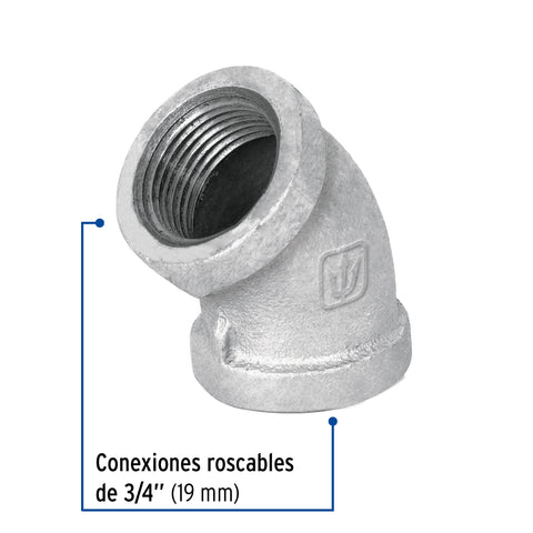 Codo 45° acero galvanizado de 3/4', FOSET | CG-862 | 47540