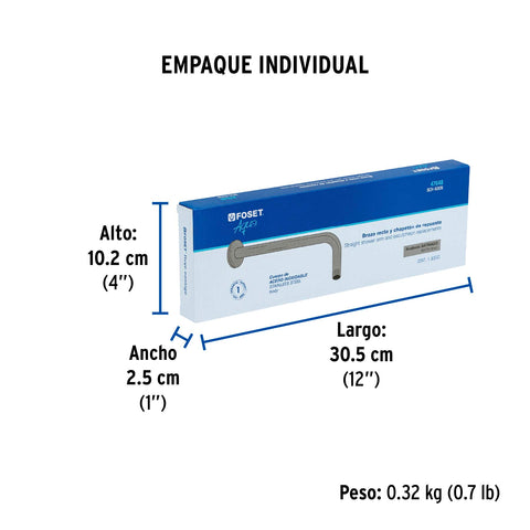 Brazo recto con chapetón para regadera, 30 cm, satín, FOSET | BCH-600N | 47648