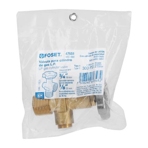 Válvula para cilindros de gas LP hasta 45 kg, FOSET | VGC-560 | 47651