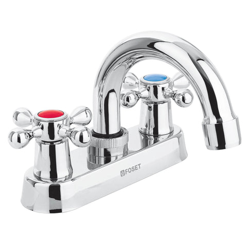 Mezcladora 4' para lavabo, cuello curvo, manerales cruceta | M-050E | 47681
