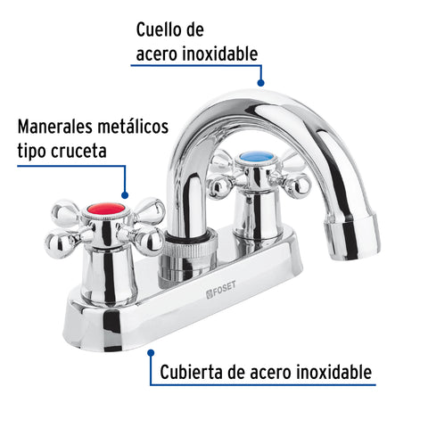 Mezcladora 4' para lavabo, cuello curvo, manerales cruceta | M-050E | 47681