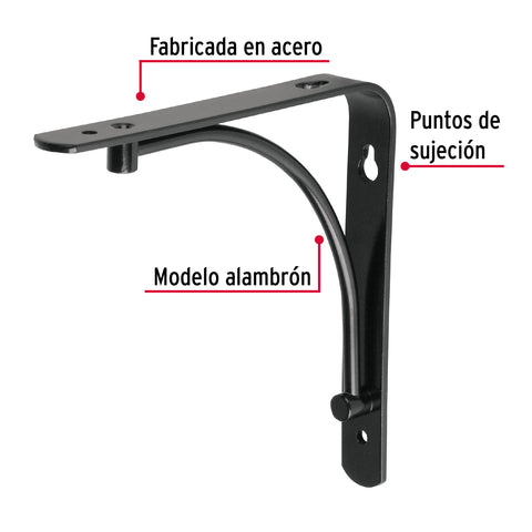 Ménsula reforzada negra 6 x 6', diseño alambrón, FIERO | MED-6NA | 47694