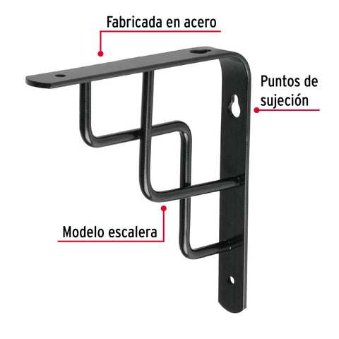Ménsula reforzada negra 6 x 6', diseño escalera, FIERO | MED-6NE | 47702