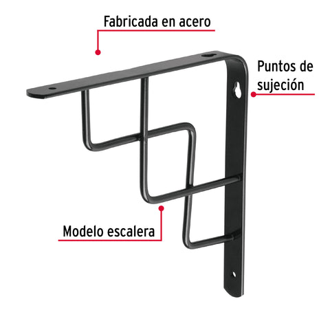 Ménsula reforzada negra 8 x 8', diseño escalera, FIERO | MED-8NE | 47703