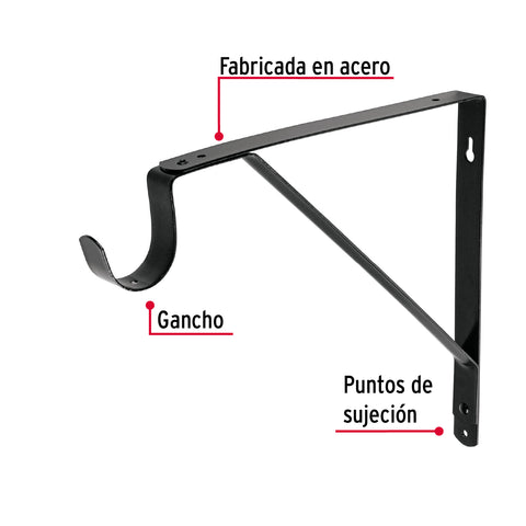 Ménsula reforzada negra 11 x 12', con gancho, FIERO | MED-12NG | 47707