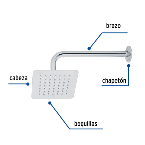 Regadera cuadrada 6', acero inox, con brazo, cromo, TÚBIG | R-414 | 47736
