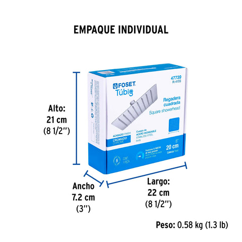 Regadera cuadrada 8', acero inox, sin brazo, cromo, TÚBIG | R-415S | 47739